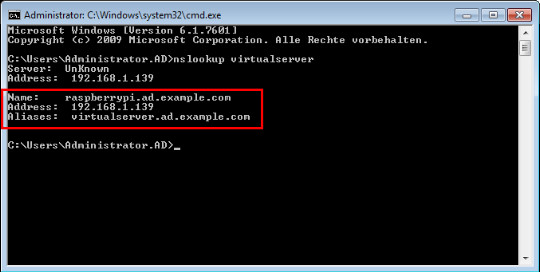 Bei erfolgreicher Anlage des DNS-Eintrags zeigt die Ausgabe des nslookup-Befehls für unseren virtuellen Server nun wunschgemäß als Alias auf unseren AD-Raspberry.